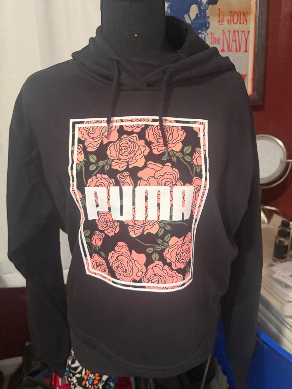 Puma Black Crewneck Hoodie with Pink Rose Graphic
